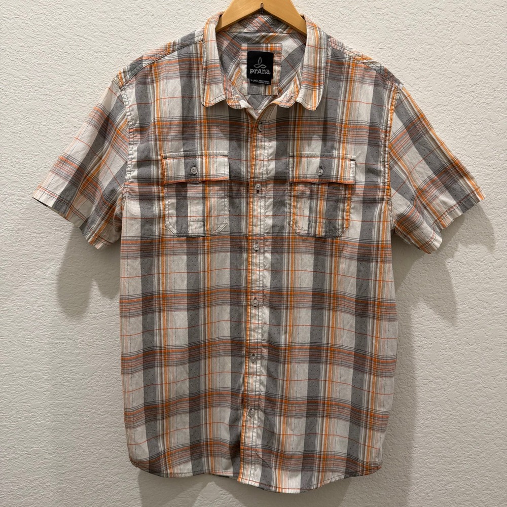 Prana Mens XL Short Sleeve Plaid Button Down Shirt Orange Grey Outdoor Casual